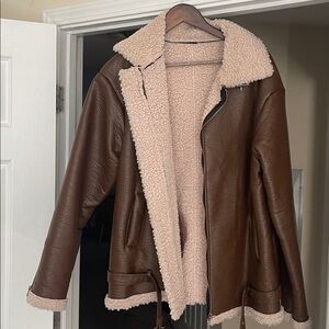 Men’s Textured Pleather Faux Sherpa Lined Shearling Aviator Flight Jacket